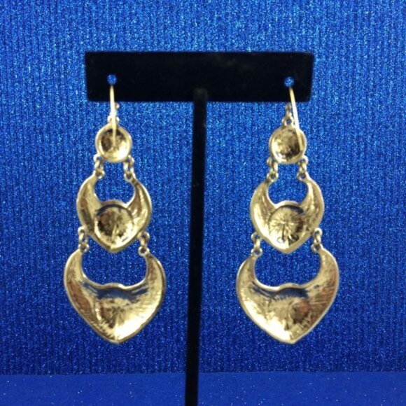 Long Triple Tier Dangle Goldtone Metal Earrings Bali-Inspired Design Statement - Picture 4 of 10